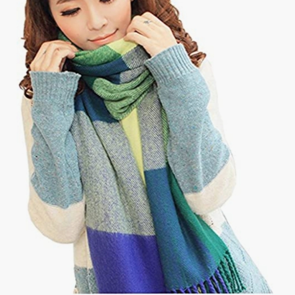Wander Agio Acrylic Soft Large Block Soft Blue/Green Plaid Scarf